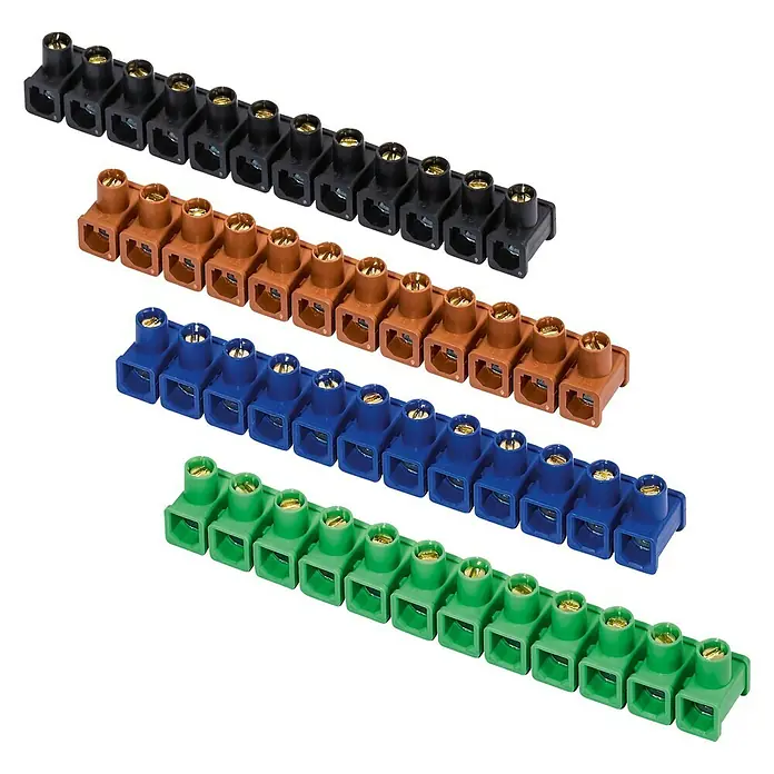 Dosenklemme 5 tlg. Set - 12-polig, 1,5 - 4 mm², 2 x Schwarz, 1 x Braun, 1 x Blau, 1 x Grün - Diagonale Ansicht