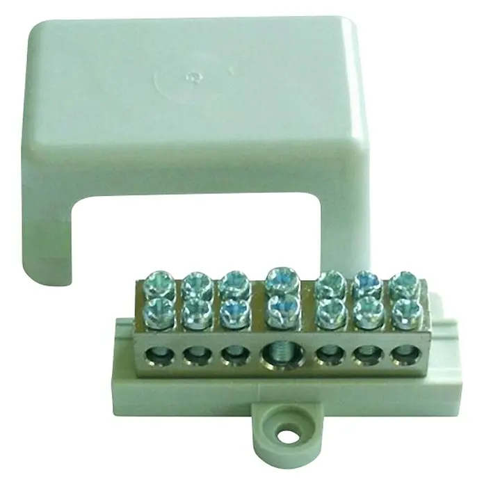 Baderdungsschiene im Kunststoffgehäuse mit Abdeckung - 2 x 6 mm² - 25 mm², 5 x 1,5 mm² - 10 mm² - Diagonale Ansicht
