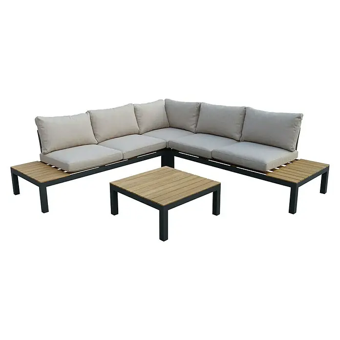 Loungeset Malta - Acacia hout, Gegalvaniseerd stalen frame, zwart/ecru - Diagonaal zicht