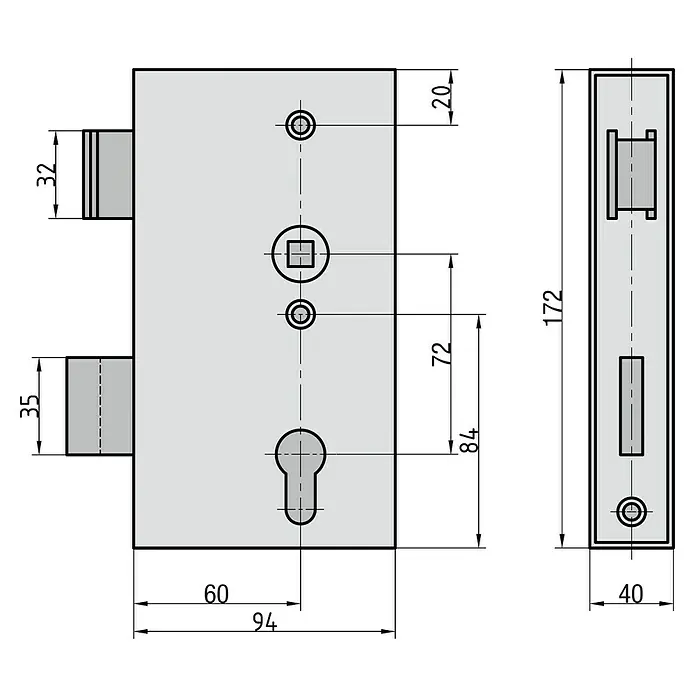 Einsteckschloss - Links/Rechts, Dornmaß: 60 mm - Skizze