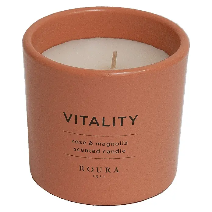 Ceras Roura Vaso con vela Vitality - Ø x Al: 9,5 x 8,5 cm, Rosa y Magnolia - Vista frontal