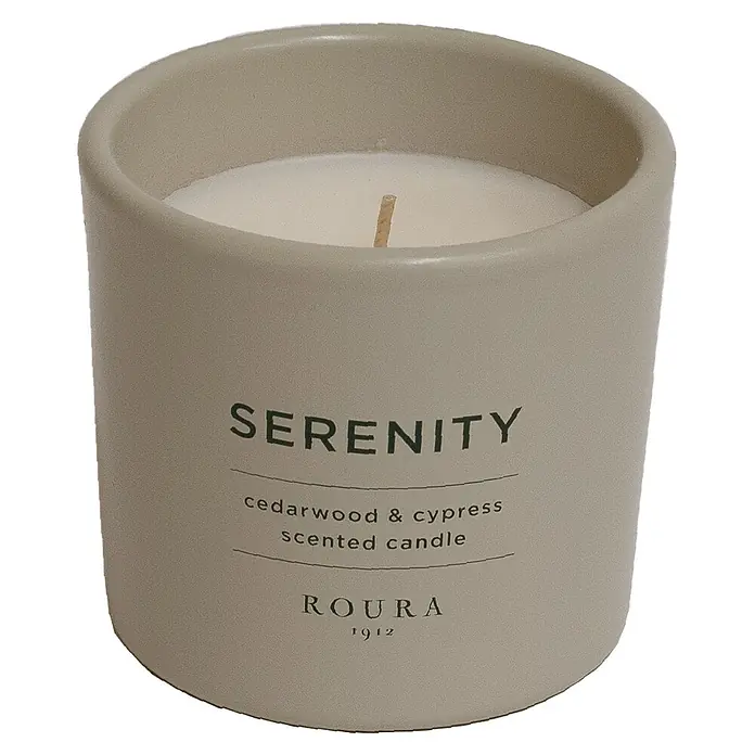 Ceras Roura Vaso con vela Serenity - Ø x Al: 9,5 x 8,5 cm, Ciprés - Vista frontal