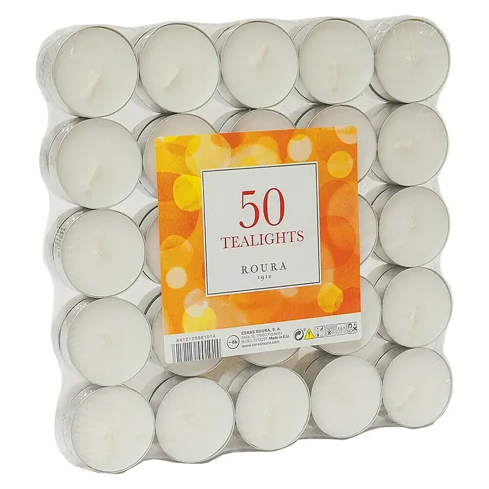 Ceras Roura Velas de té pequeñas - 50 ud., Blanco - Vista angular