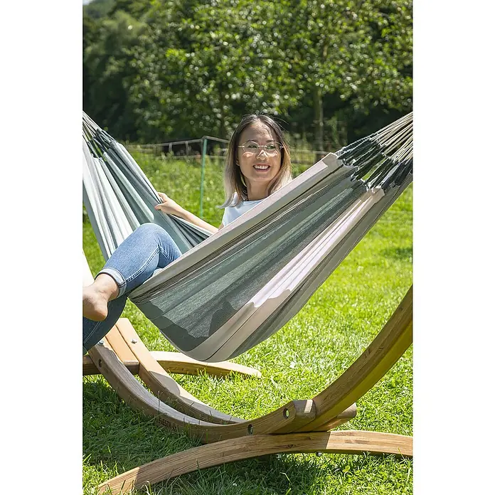 La Siesta Hamaca individual Modesta Olive - L x An: 300 x 140 cm, Azul/Blanco/Gris - Producto en uso
