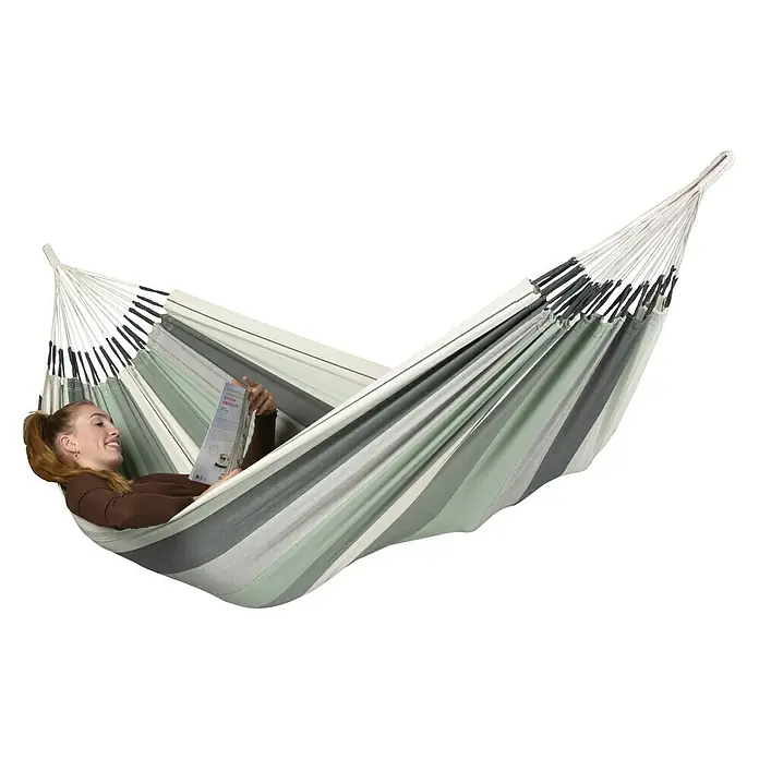 La Siesta Hamaca individual Modesta Olive - L x An: 300 x 140 cm, Azul/Blanco/Gris - Producto en uso