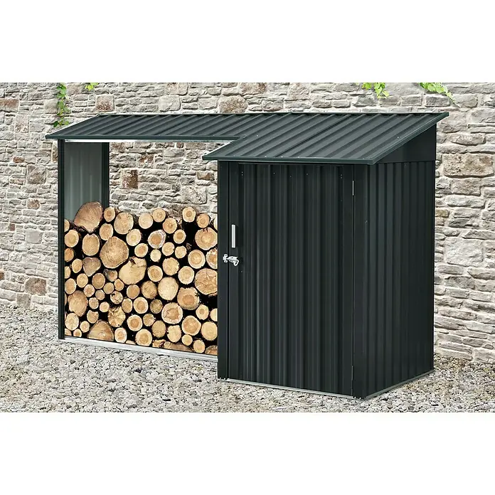 Metallschrank mit Holzlager - L x B x H: 105 x 270 x 158 cm, Stahl, Anthrazit - Stimmungsaufnahme