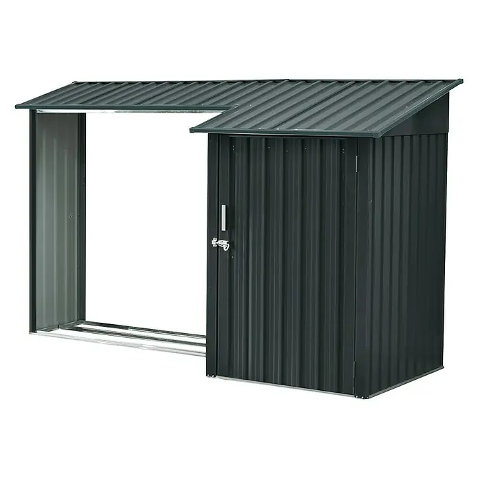 Metallschrank mit Holzlager - L x B x H: 105 x 270 x 158 cm, Stahl, Anthrazit - Diagonale Ansicht