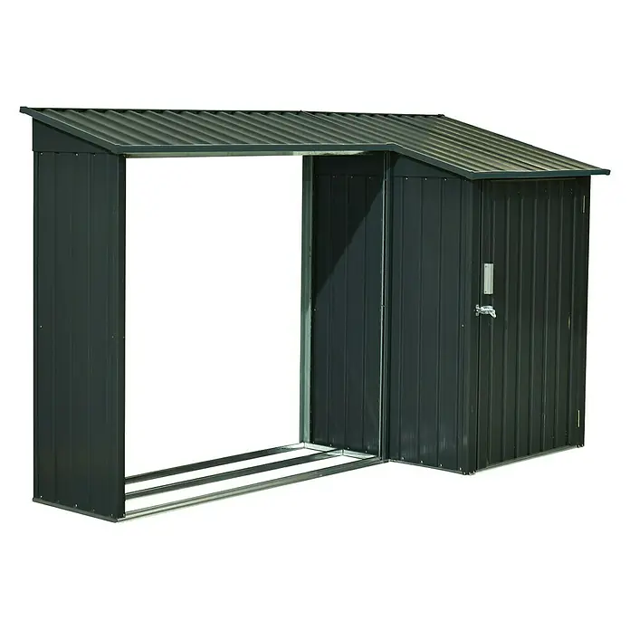 Metallschrank mit Holzlager - L x B x H: 105 x 270 x 158 cm, Stahl, Anthrazit - Diagonale Ansicht