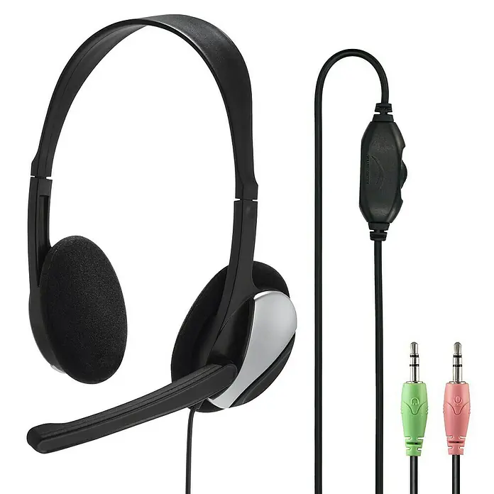 Hama Headset HS-P100 - 1 x Klinkenstecker 3,5 mm, Schwarz, Silber, Kabel - Diagonale Ansicht