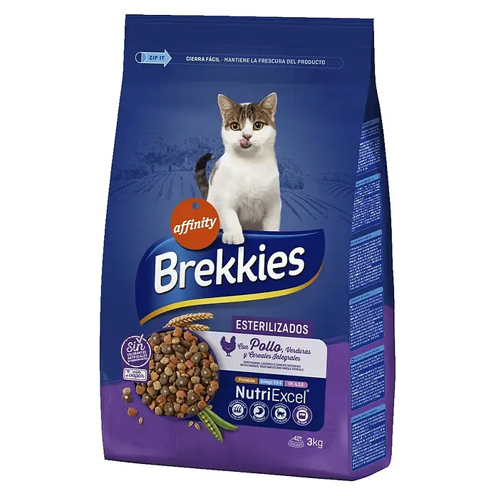 Affinity Brekkies Pienso seco para gatos esterilizados NutriExcel - 3 kg, 3 años - 6 años, Pollo - Vista angular