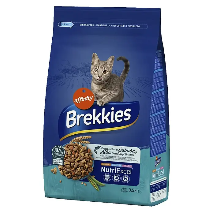 Affinity Brekkies Pienso seco para gatos Adult NutriExcel - 3,5 kg, 3 años - 6 años, Salmón - Vista angular