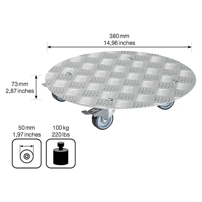 Wagner System Pflanzenroller Alaska - Durchmesser: 38 cm, Aluminium, Silber, Max. Belastung: 150 kg - Skizze