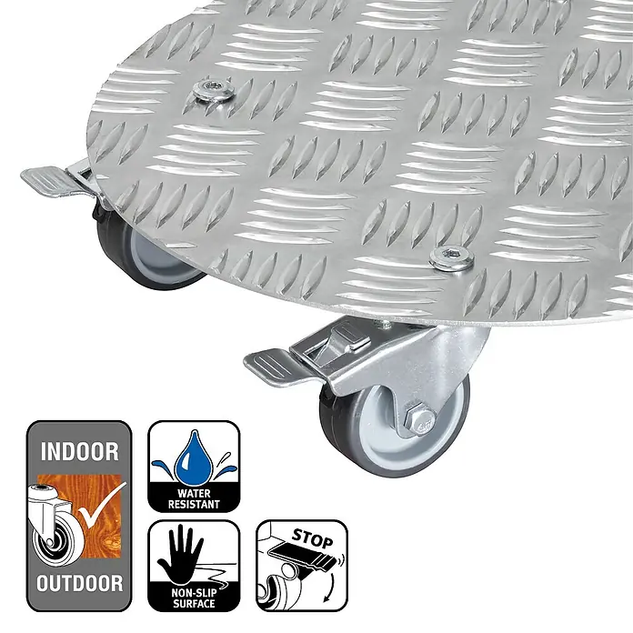 Wagner System Soporte con ruedas para plantas Alaska - Diámetro: 30 cm, Aluminio, Plateado, Carga máx.: 150 kg - Primer plano