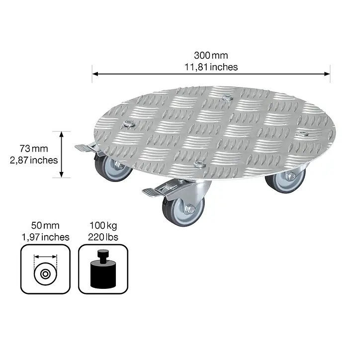 Wagner System Soporte con ruedas para plantas Alaska - Diámetro: 30 cm, Aluminio, Plateado, Carga máx.: 150 kg - Dibujo técnico