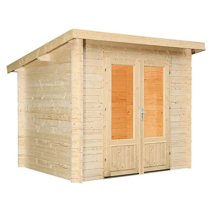 Wolff Finnhaus Blockbohlenhaus Lüttich - 2,4 x 3,1 m, Wandstärke: 28 mm, Natur - Diagonale Ansicht
