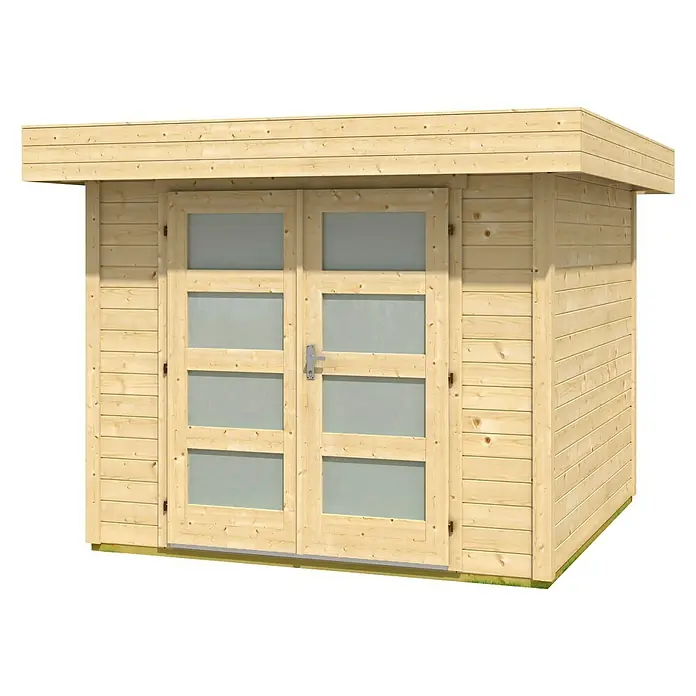 Wolff Finnhaus Blockbohlenhaus Varianta A Basic - 3,1 x 2,9 m, Wandstärke: 28 mm, Flachdach, Natur - Diagonale Ansicht