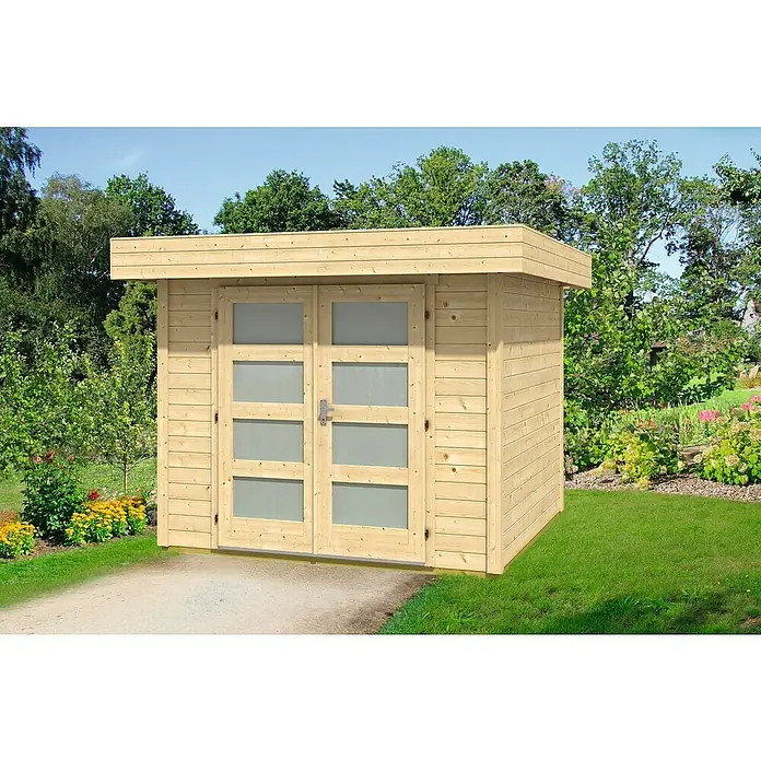 Wolff Finnhaus Blockbohlenhaus Varianta A Basic - 3,1 x 2,9 m, Wandstärke: 28 mm, Flachdach, Natur - Stimmungsaufnahme