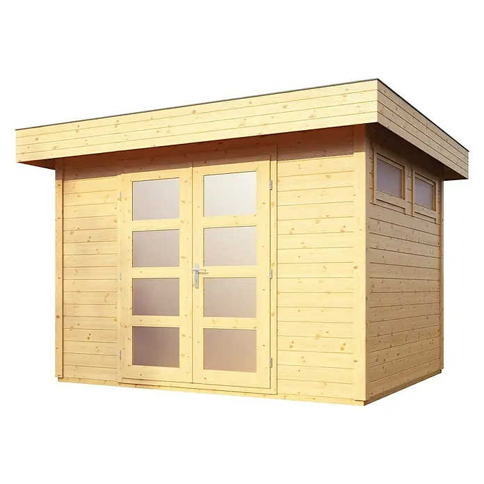 Wolff Finnhaus Blockbohlenhaus Varianta B Basic - 3,1 x 3,4 m, Wandstärke: 28 mm, Flachdach, Natur - Diagonale Ansicht