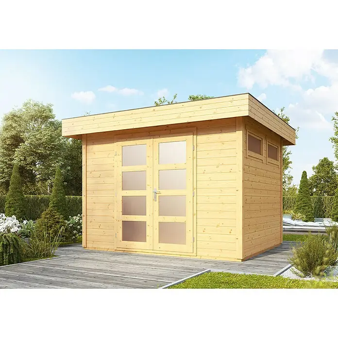 Wolff Finnhaus Blockbohlenhaus Varianta B Basic - 3,1 x 3,4 m, Wandstärke: 28 mm, Flachdach, Natur - Stimmungsaufnahme