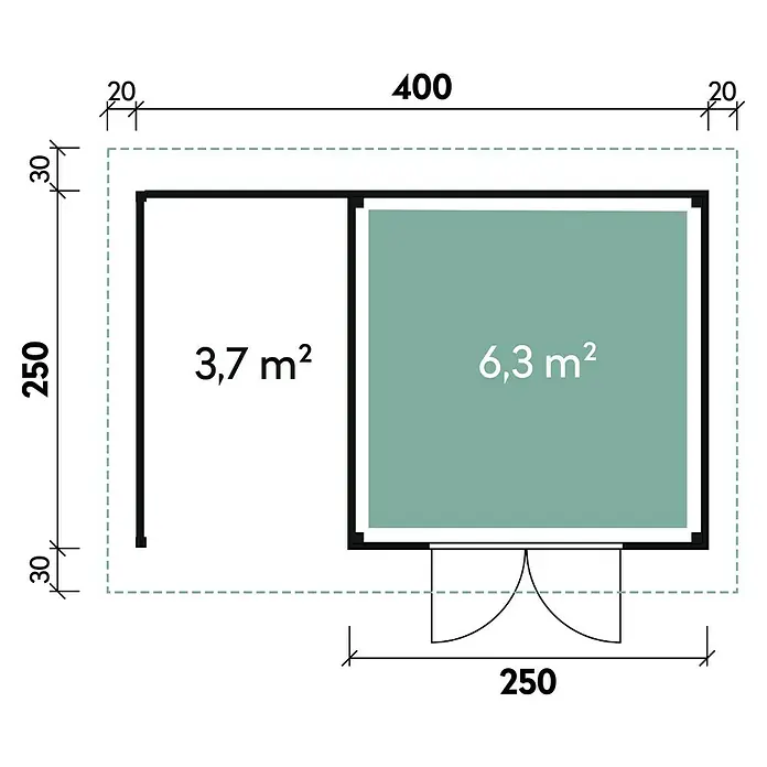 Wolff Finnhaus Blockbohlenhaus Varianta A mit SD + Wandset - 4,4 x 3,1 m, Wandstärke: 28 mm, Flachdach, Natur - Skizze