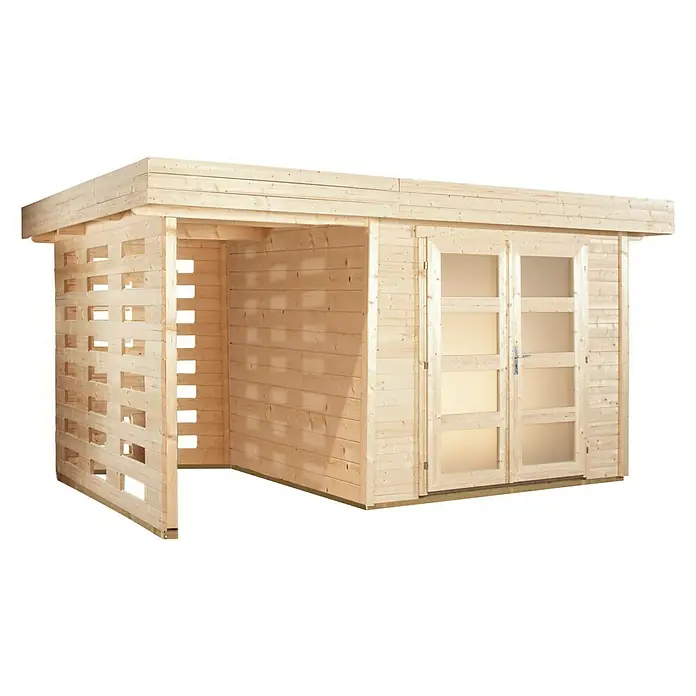 Wolff Finnhaus Blockbohlenhaus Varianta A mit SD + Wandset - 4,4 x 3,1 m, Wandstärke: 28 mm, Flachdach, Natur - Diagonale Ansicht