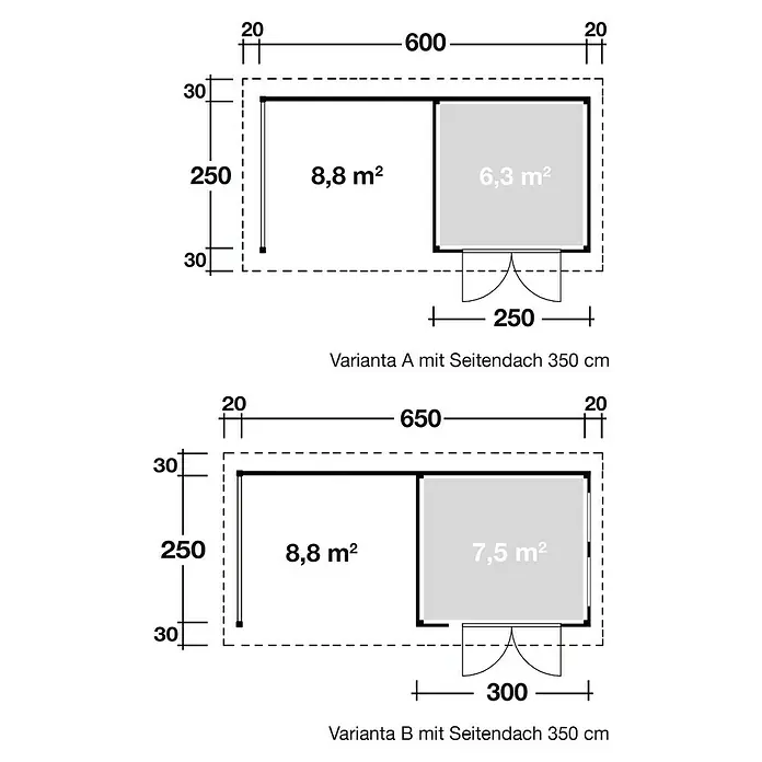 Wolff Finnhaus Seitendach-Set Varianta - B x T: 350 x 250 cm - Skizze