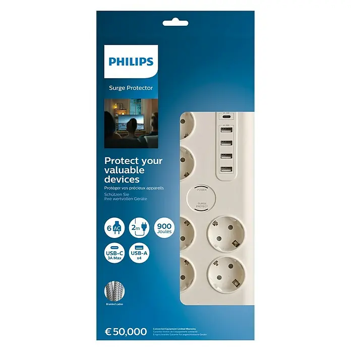 Philips Base de enchufe múltiple Basis con USB - x 6, Blanco, Longitud del cable: 2 m, 3.680 W - Vista frontal