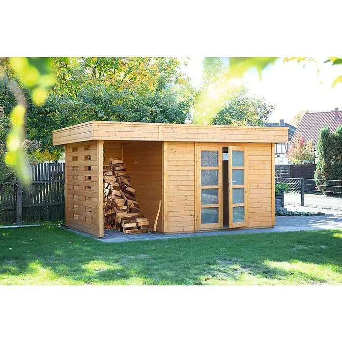 Wolff Finnhaus Blockbohlenhaus Varianta A mit SD + Wandset - 4,4 x 3,1 m, Wandstärke: 28 mm, Flachdach, Natur - Stimmungsaufnahme