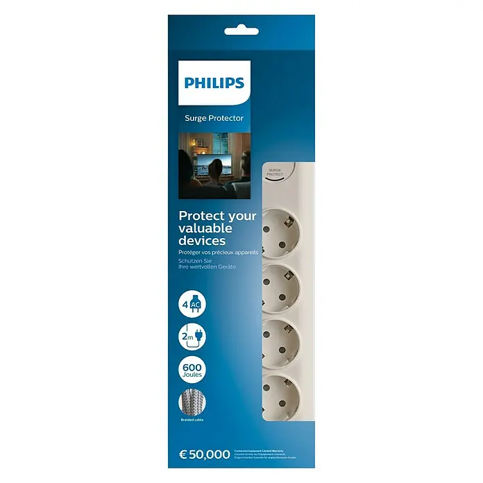 Philips Base de enchufe múltiple Basis - x 4, Blanco, Longitud del cable: 2 m, 3.680 W - Vista frontal