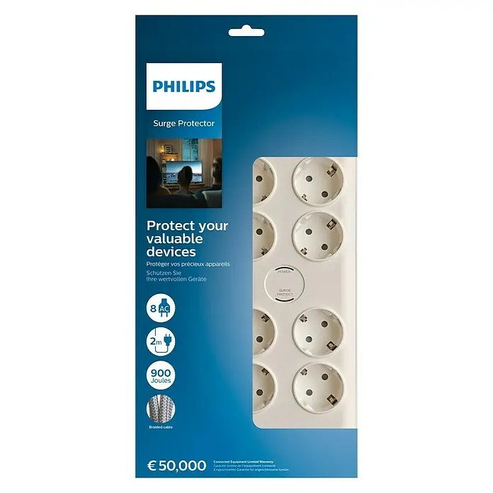 Philips Base de enchufe múltiple Basis - x 8, Blanco, Longitud del cable: 2 m, 3.680 W - Vista frontal