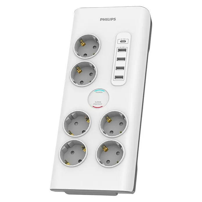 Philips Base de enchufe múltiple Basis con USB - x 6, Blanco, Longitud del cable: 2 m, 3.680 W - Vista angular