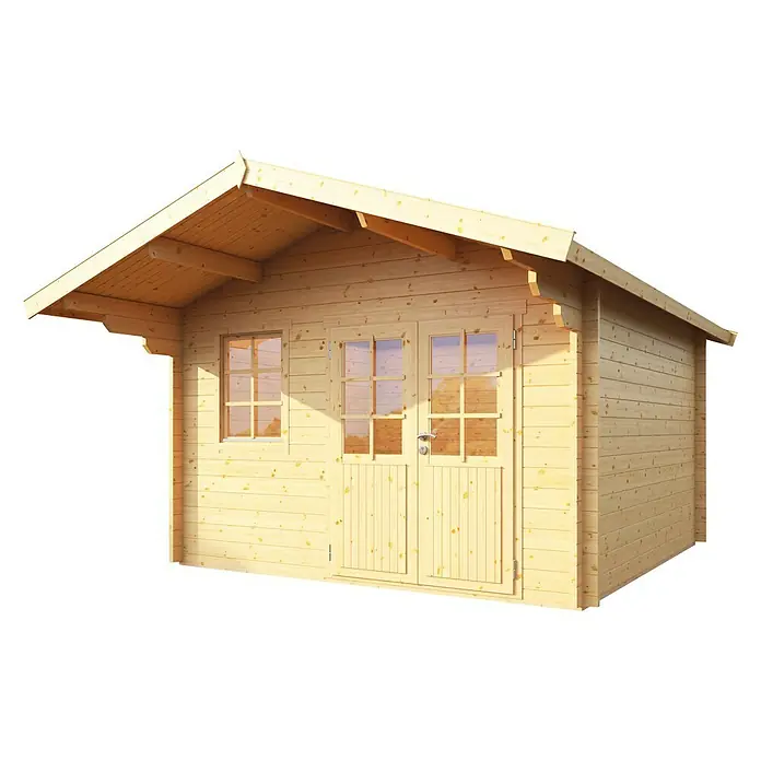 Wolff Finnhaus Blockbohlenhaus Lisa 44-A - 4,4 x 4,22 m, Wandstärke: 44 mm - Diagonale Ansicht