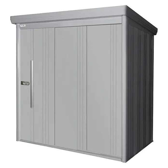 Wolff Finnhaus Gerätehaus Yokohama - Außenbreite inkl. Dachüberstand: 193,2 cm, Außentiefe inkl. Dachüberstand: 179 cm, Metall, Grau - Diagonale Ansicht