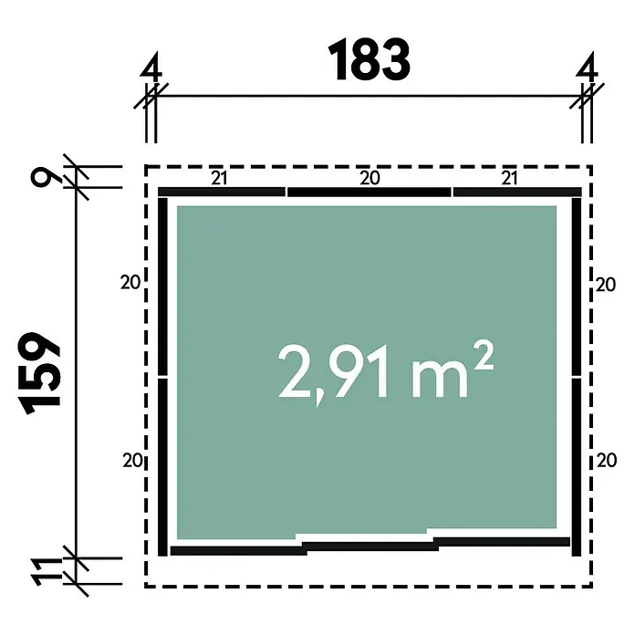 Wolff Finnhaus Gerätehaus Yokohama - Außenbreite inkl. Dachüberstand: 193,2 cm, Außentiefe inkl. Dachüberstand: 179 cm, Metall, Grau - Skizze
