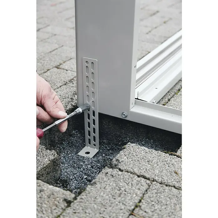 Wolff Finnhaus Metallgerätehaus-Komplettset Nagoya - 1,92 x 2,53 x 2,11 m, Grau, 2 Regaleinsätze (4 Böden) - Detailaufnahme