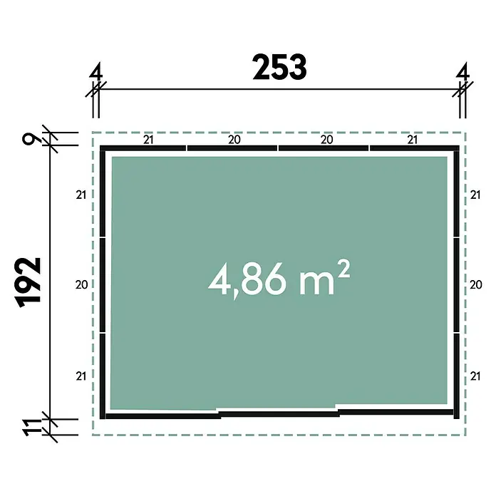 Wolff Finnhaus Metallgerätehaus-Komplettset Nagoya - 1,92 x 2,53 x 2,11 m, Grau, 2 Regaleinsätze (4 Böden) - Skizze