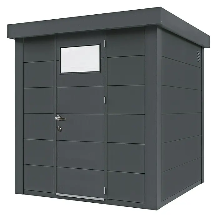 Wolff Finnhaus Gerätehaus Eleganto 2121 - Außenbreite inkl. Dachüberstand: 228 cm, Außentiefe inkl. Dachüberstand: 228 cm, Metall, Granit, Anthrazit - Diagonale Ansicht