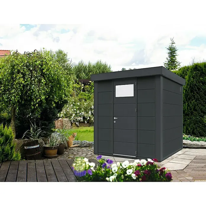 Wolff Finnhaus Gerätehaus Eleganto 2121 - Außenbreite inkl. Dachüberstand: 228 cm, Außentiefe inkl. Dachüberstand: 228 cm, Metall, Granit, Anthrazit - Stimmungsaufnahme