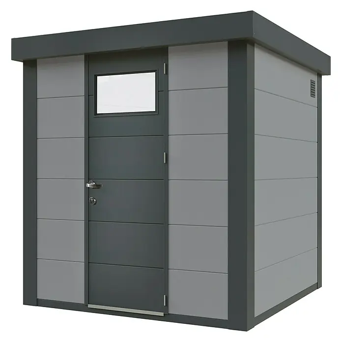 Wolff Finnhaus Gerätehaus Eleganto 2121 - Außenbreite inkl. Dachüberstand: 228 cm, Außentiefe inkl. Dachüberstand: 228 cm, Metall, Lichtgrau, Anthrazit - Diagonale Ansicht
