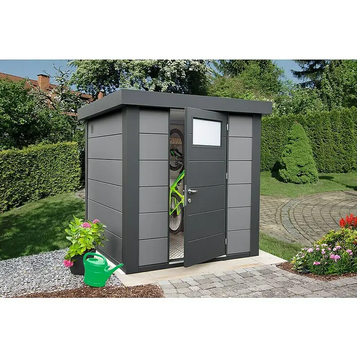 Wolff Finnhaus Gerätehaus Eleganto 2121 - Außenbreite inkl. Dachüberstand: 228 cm, Außentiefe inkl. Dachüberstand: 228 cm, Metall, Lichtgrau, Anthrazit - Stimmungsaufnahme