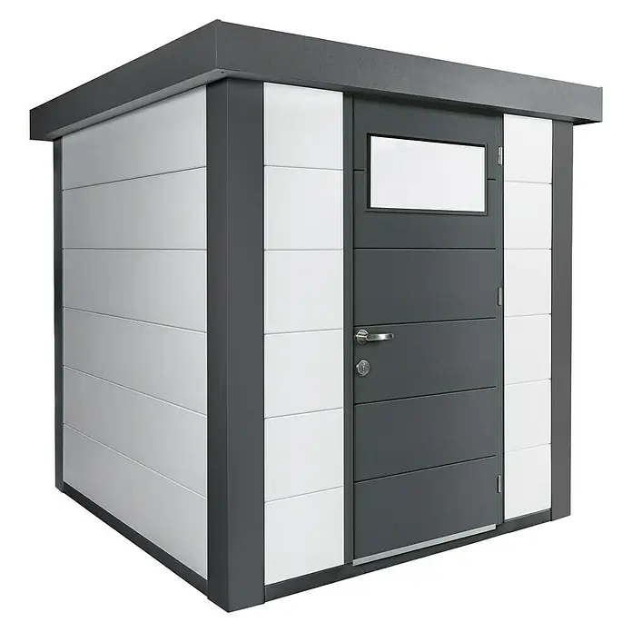 Wolff Finnhaus Gerätehaus Eleganto 2121 - Außenbreite inkl. Dachüberstand: 228 cm, Außentiefe inkl. Dachüberstand: 228 cm, Metall, Weiß, Anthrazit - Diagonale Ansicht