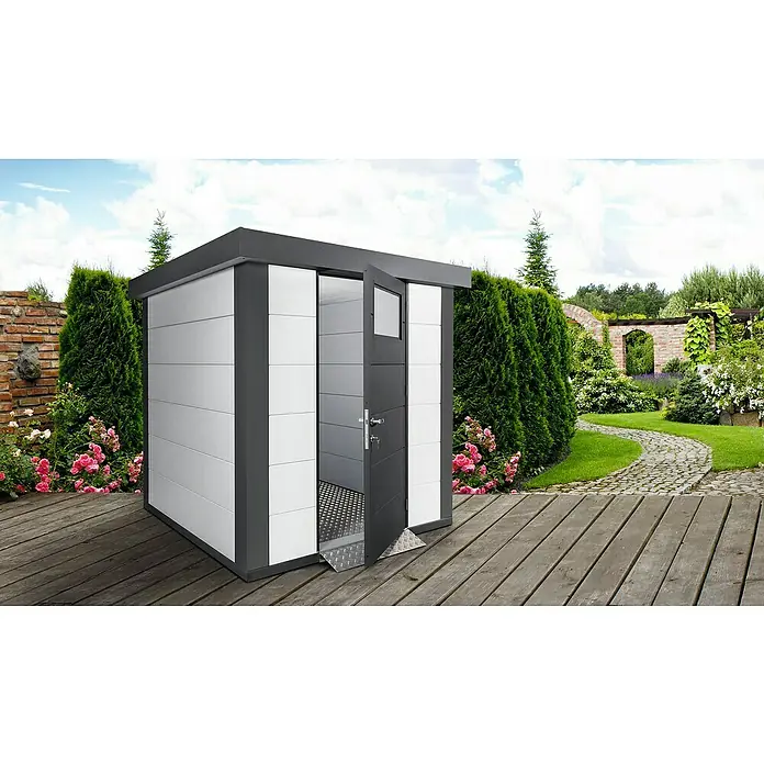 Wolff Finnhaus Gerätehaus Eleganto 2121 - Außenbreite inkl. Dachüberstand: 228 cm, Außentiefe inkl. Dachüberstand: 228 cm, Metall, Weiß, Anthrazit - Stimmungsaufnahme