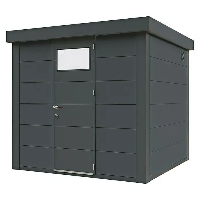 Wolff Finnhaus Gerätehaus Eleganto 2424 - Außenbreite inkl. Dachüberstand: 258 cm, Außentiefe inkl. Dachüberstand: 258 cm, Metall, Granit, Anthrazit - Diagonale Ansicht