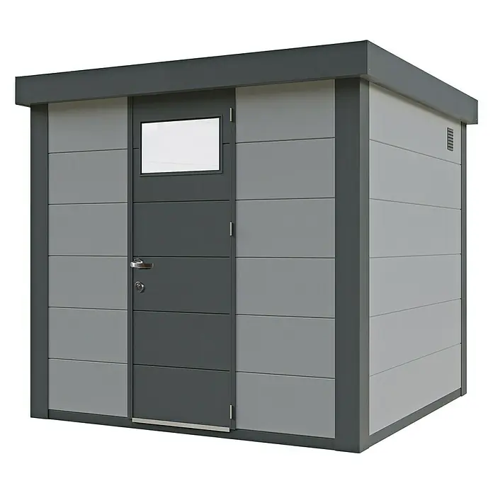 Wolff Finnhaus Gerätehaus Eleganto 2424 - Außenbreite inkl. Dachüberstand: 258 cm, Außentiefe inkl. Dachüberstand: 258 cm, Metall, Lichtgrau, Anthrazit - Diagonale Ansicht