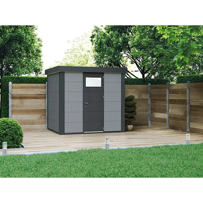 Wolff Finnhaus Gerätehaus Eleganto 2424 - Außenbreite inkl. Dachüberstand: 258 cm, Außentiefe inkl. Dachüberstand: 258 cm, Metall, Lichtgrau, Anthrazit - Stimmungsaufnahme