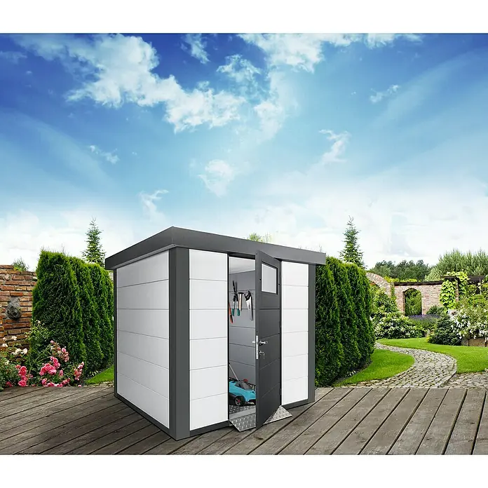 Wolff Finnhaus Gerätehaus Eleganto 2424 - Außenbreite inkl. Dachüberstand: 258 cm, Außentiefe inkl. Dachüberstand: 258 cm, Metall, Weiß, Anthrazit - Stimmungsaufnahme