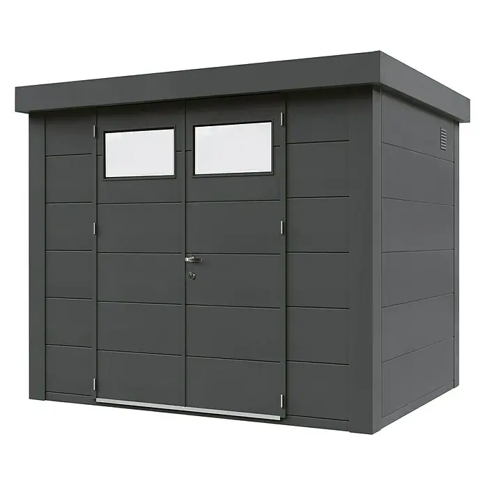 Wolff Finnhaus Gerätehaus Eleganto 2721 - Außenbreite inkl. Dachüberstand: 288 cm, Außentiefe inkl. Dachüberstand: 228 cm, Metall, Granit, Anthrazit - Diagonale Ansicht