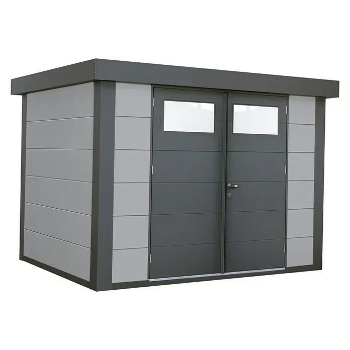 Wolff Finnhaus Gerätehaus Eleganto 2721 - Außenbreite inkl. Dachüberstand: 288 cm, Außentiefe inkl. Dachüberstand: 228 cm, Metall, Lichtgrau, Anthrazit - Diagonale Ansicht