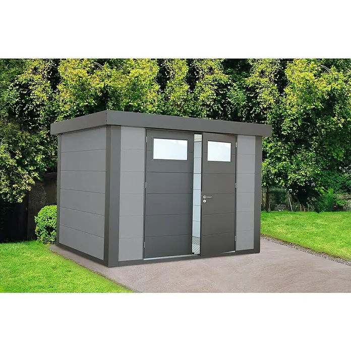 Wolff Finnhaus Gerätehaus Eleganto 2721 - Außenbreite inkl. Dachüberstand: 288 cm, Außentiefe inkl. Dachüberstand: 228 cm, Metall, Lichtgrau, Anthrazit - Stimmungsaufnahme