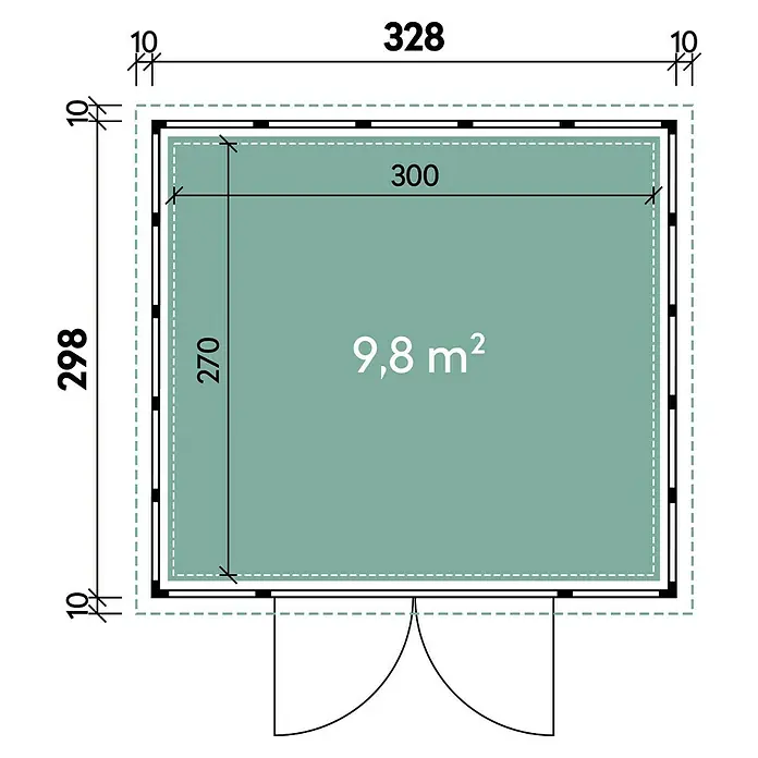 Wolff Finnhaus Gerätehaus Eleganto 2721 - Außenbreite inkl. Dachüberstand: 288 cm, Außentiefe inkl. Dachüberstand: 228 cm, Metall, Weiß, Anthrazit - Skizze